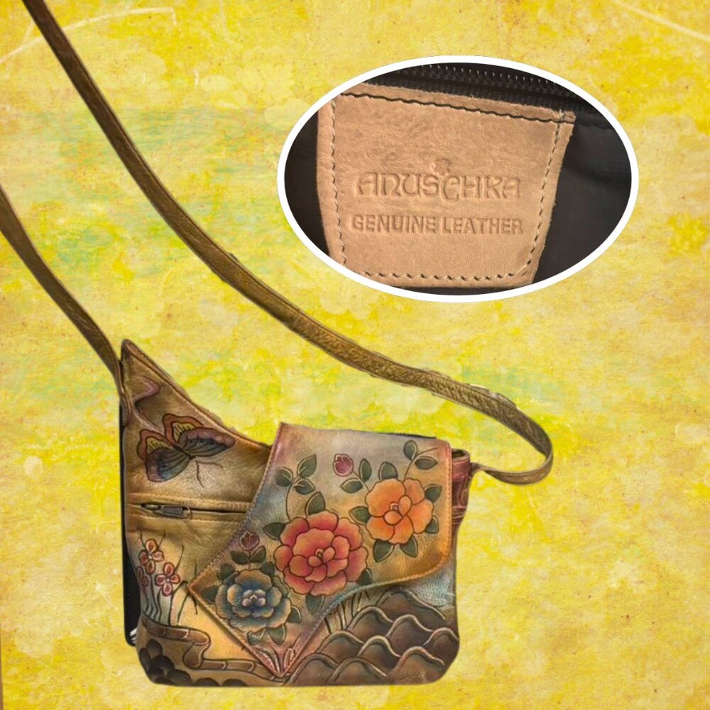 WEARABLE ART! GUC Anushka Hand-Painted Floral Leather Bag Purse Crossbody‎ - Picture 2 of 6